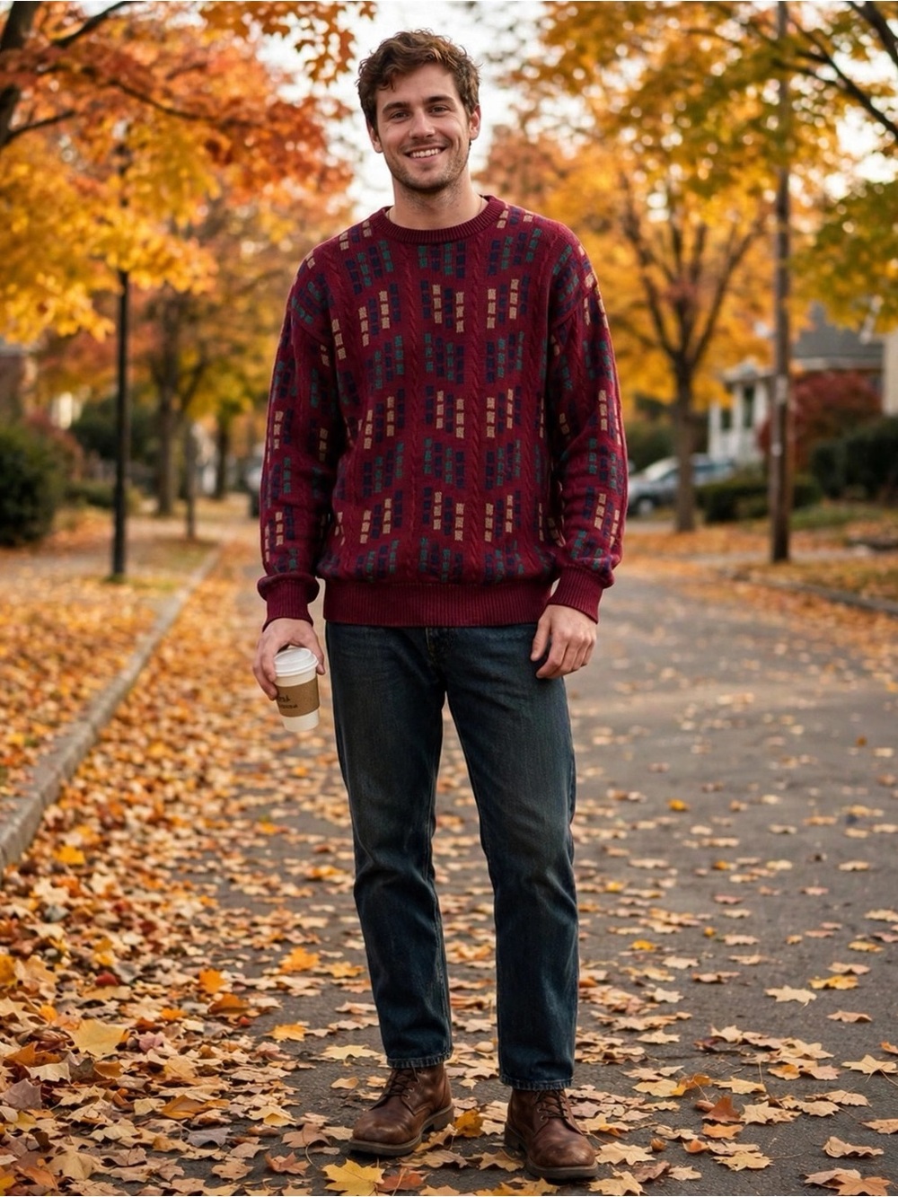 VINTAGE 90S LORD JEFF SWEATER BURGUNDY GEOMETRIC CABLE KNIT GRANDPA MENS L